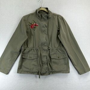 LOFT Outlet Embroidered Utility Jacket Sz M Green Drawstring Zip/Snap Front